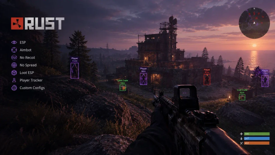 Rust ESP overlay at dusk with player silhouettes, boxes, and distance readouts on a dark map