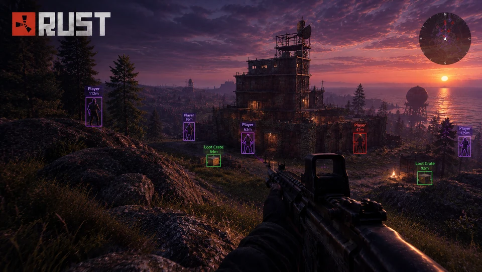 Rust ESP at sunset overlooking a coastal player compound with loot crates, player boxes, and distance tags
